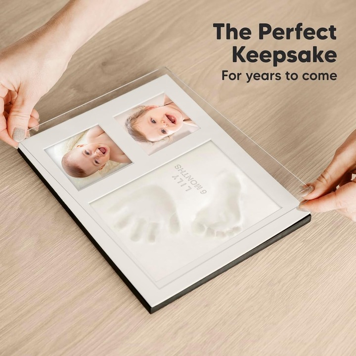 Kit Amprenta Mulaj Manuta Sau Piciorus Bebe Si Rama Foto, Axroad Mall, Cu lut, pigment, lipici dublu -lateral, cutie de cadou, Trei compartimente separate, Pentru botez sau zi de nastere, Material sigur, 28.3 x 23.2 x 1.8cm, Cadrul negru