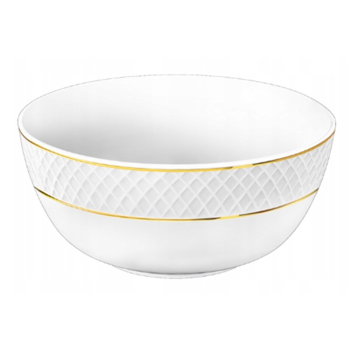 Bol salata, Portelan, Alb, 1300 ml, salatiera portelan cu margine aurie, Diamond, Wilmax England