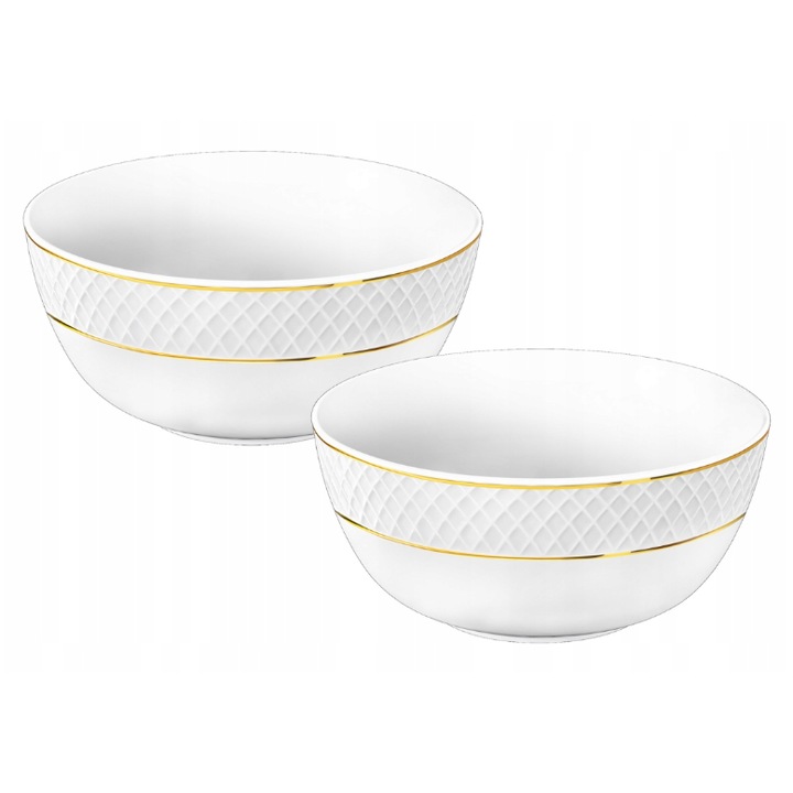 Bol salata, Portelan, Alb, Set 2 bucati x 1300 ml, salatiera portelan cu margine aurie, Diamond, Wilmax England