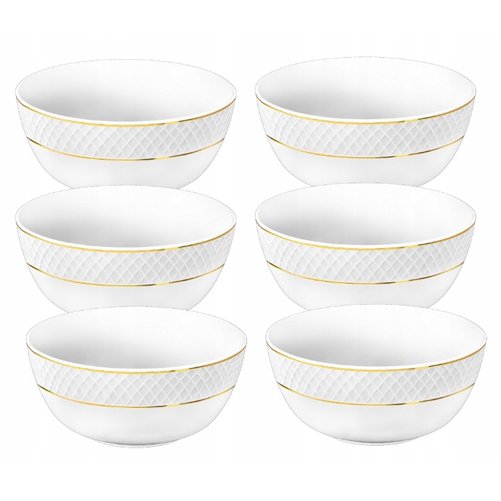 Bol salata, Portelan, Alb, Set 6 bucati x 1300 ml, salatiera portelan cu margine aurie, Diamond, Wilmax England