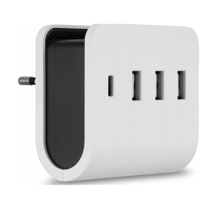 Adaptor schuko, 1xUSB Tip C max.3A, 15W plus 3xUSB Tip A 2.4A, 12W