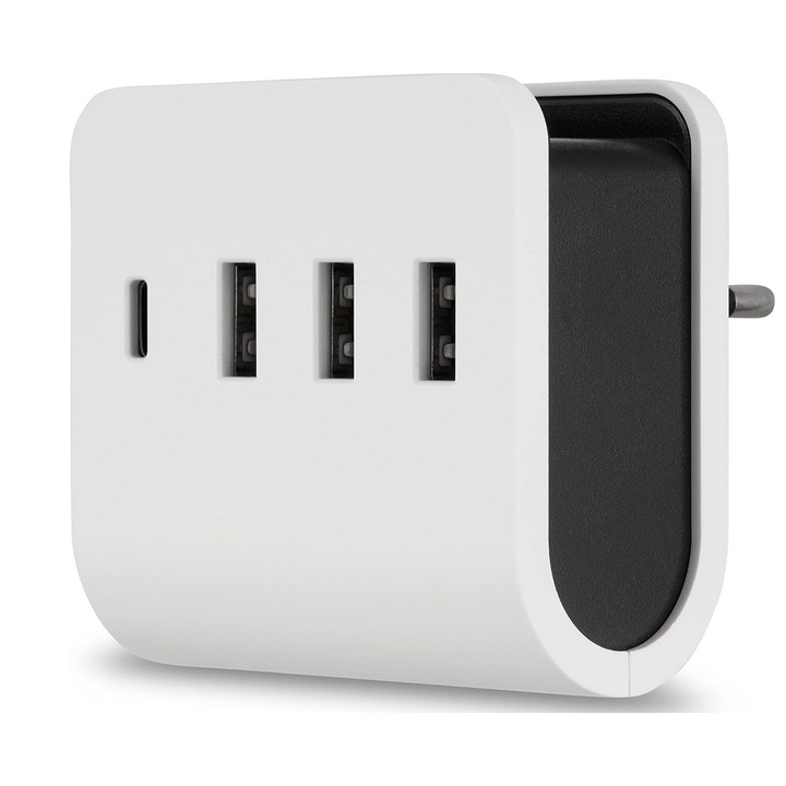 Адаптер Schuko, 1xUSB Тип C макс. 3A, 15W плюс 3xUSB Тип A 2.4A, 12W