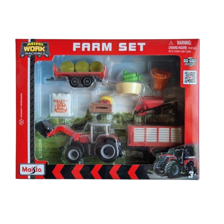 Set Massey Ferguson, tractor cu accesorii, Maisto 1/64