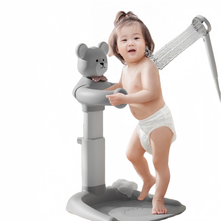 Бебешки стол за баня с вендуза, удобна облегалка, помага на бебето да се изправи за къпане, подходящ за 8-36 месечно бебе, сиво мече