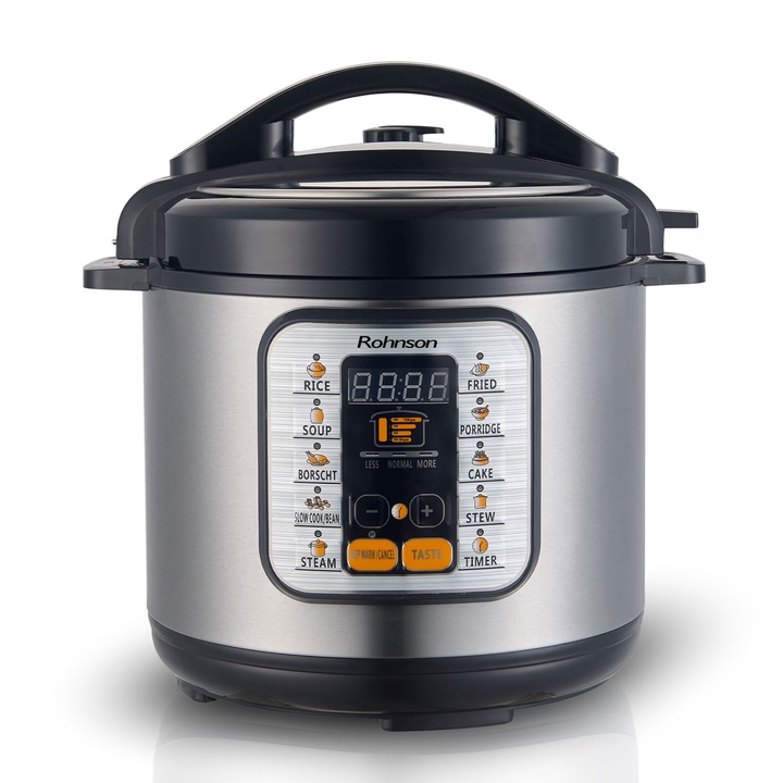 Multicooker Rohnson R2875, 1000W, 6L, Display digital, 9 programe, timer 60min, start intarziat pana la 24h, oprire automata, protectie la supraincalzire, maner termoizolat, presiune reglabila, suport cu capac pentru depozitare verticala
