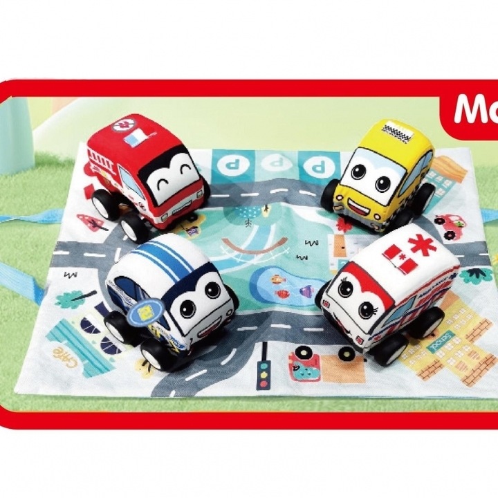 Set 4 masinute textile AliBibi®, cu mecanism Pull Back si covoras inclus