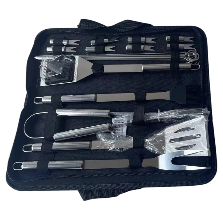 Set 20 Ustensile pentru Gratar, din Otel Inoxidabil cu geanta, Silver S