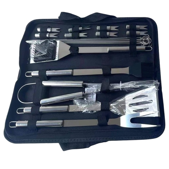 Set 18 Ustensile pentru Gratar, din Otel Inoxidabil cu Geanta, Silver S