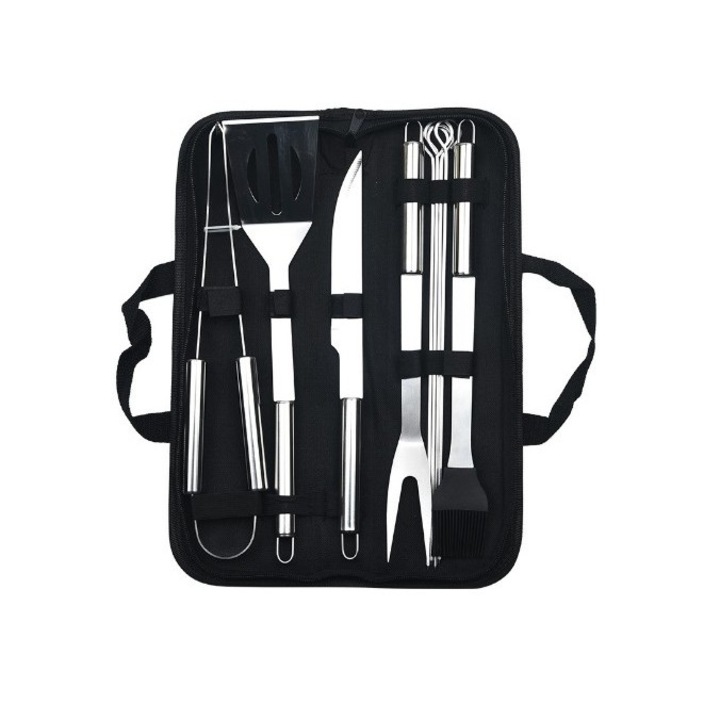 9 db rozsdamentes acél grill edény készlet táskával, ezüst S