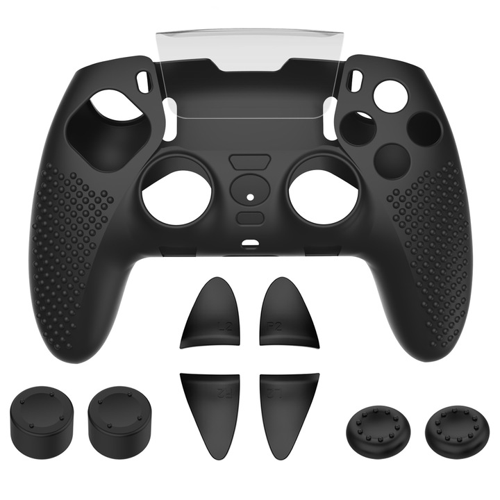 Carcasa de protectie pentru controller PS5 DualSense Edge Elite, silicon, neagra, set cu 4 capace pentru degete si 4 butoane pentru trigger