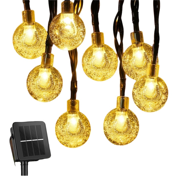 Ghirlanda luminoasa decorativa exterior, Ghirlanda solara de gradina, Bile Cristal, 12 m, 100 LED, IP65, Rezistente la Apa, 8 Moduri Iluminare, OUYLAF, lumina calda