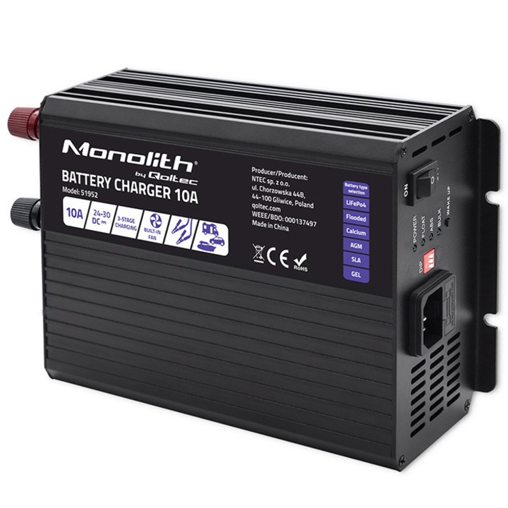 Töltő LiFePO4 AGM GEL SLA akkumulátorokhoz, Qoltec Monolith, 10A, 24V