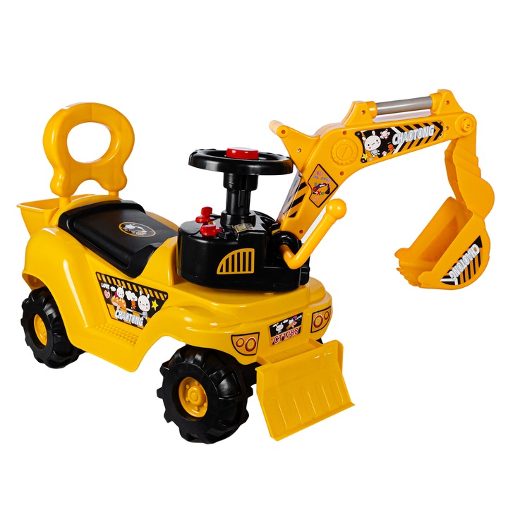 Mega Excavator Push Bike cu galeata si grapa pentru copii 3in1 volan, galben/negru
