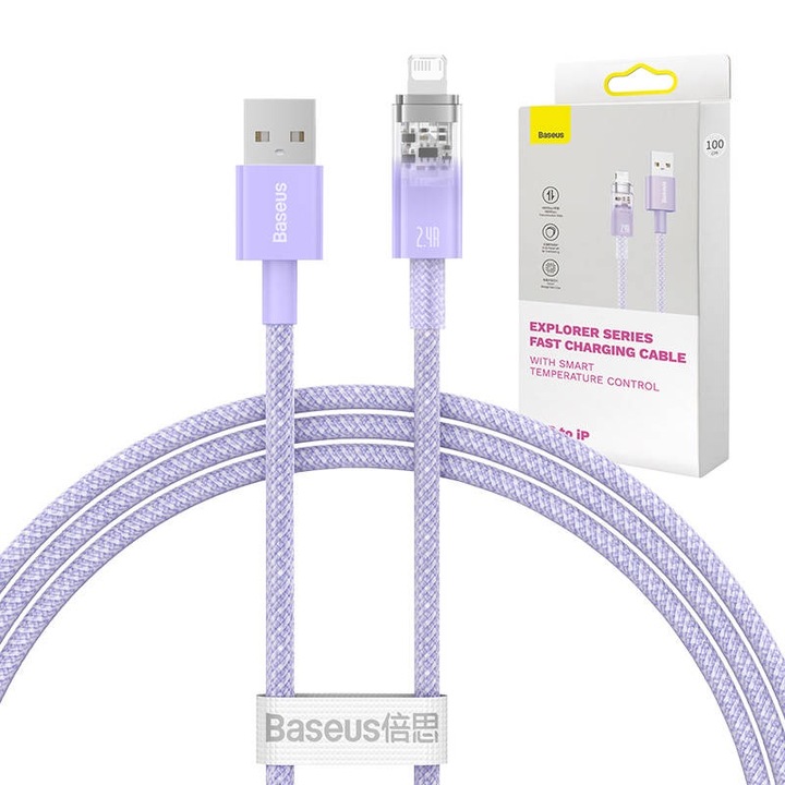 Cabluri de date Baseus Explorer, USB-A la Lightning, 2.4A, 1m, lila