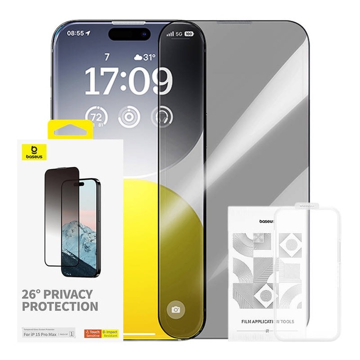 Folie protectie telefoane Baseus pentru iPhone 15 Pro Max, sticla securizata, rezistenta 9H, transparent