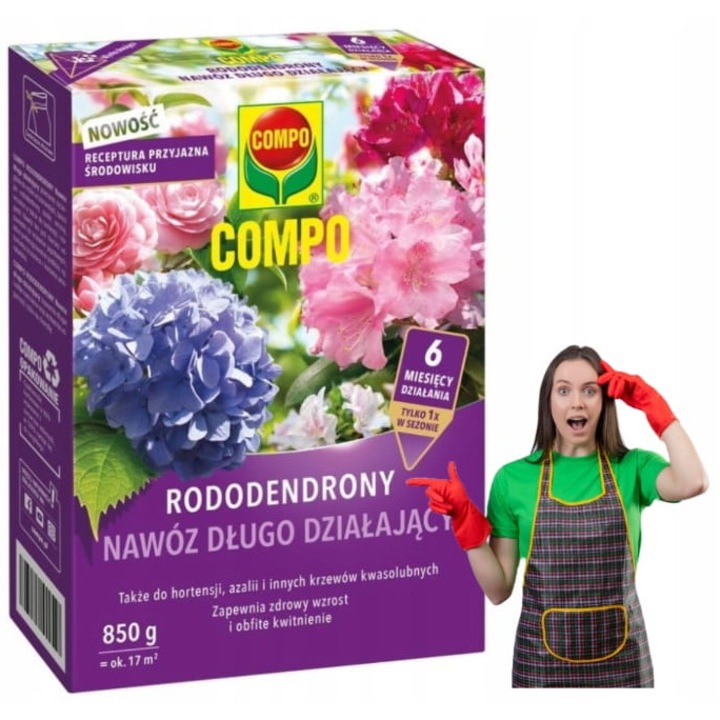 Ingrasamant cu actiune prelungita, Compo, 850 g, pentru rododendroni, hortensii, azalee, functioneaza timp de 6 luni, pentru 17 m2, inflorire abundenta, stimuleaza cresterea sistemului radicular