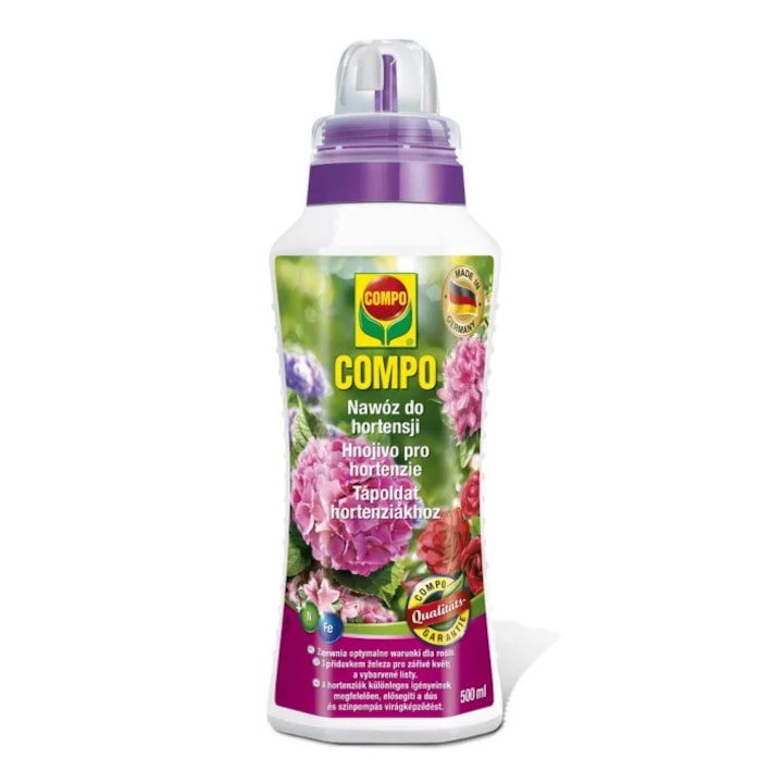 Ingrasamant pentru plante iubitoare de acid, Compo, 500 ml, Lichid, Hydrangea, Rhododendron, Azalea, De lunga durata, Intareste si prelungeste inflorirea, Mineral, Acidifica substratul, Concentrat