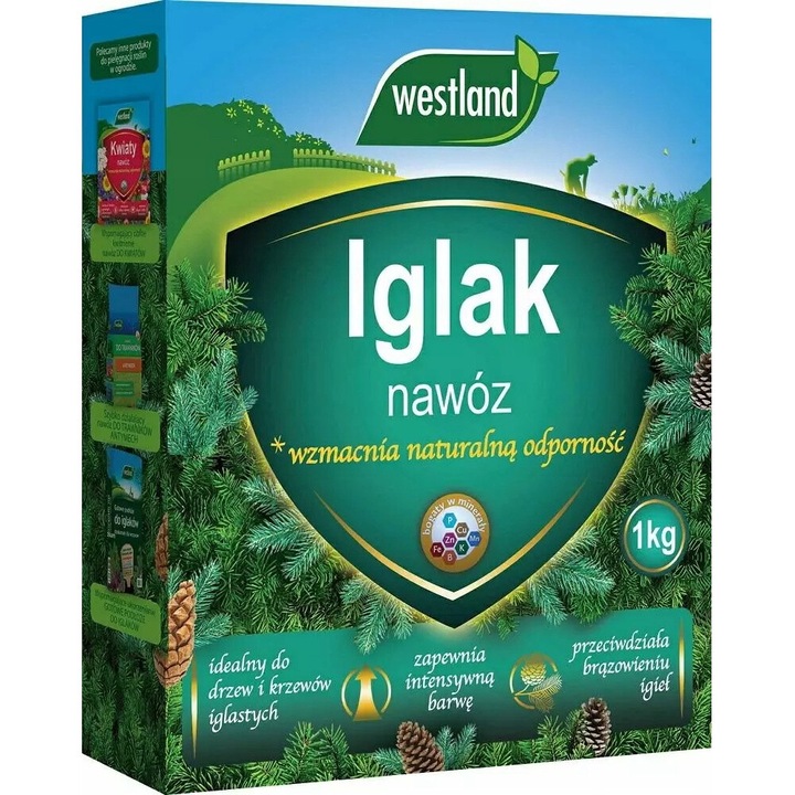 Тор за иглолистни дървета, Westland, 1 кг, Анемония, Тис, Кипарис, Дугласка, Лиственица, Бор, Смърч, Гранулиран, Осигурява интензивен цвят, предотвратява покафеняване на иглите, Пълно торене, Магнезий, Силно вкореняване