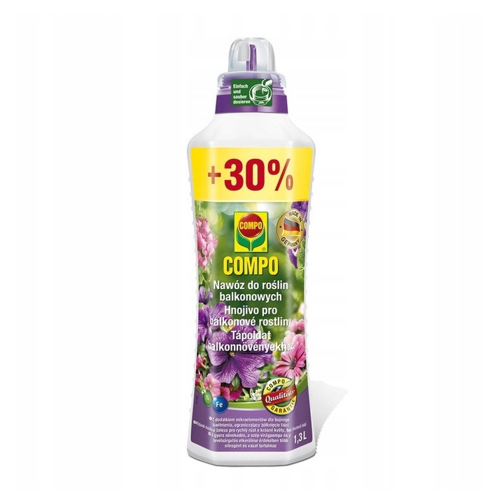 Fertilizator pentru plante de balcon, Compo, Fertilizator lichid, Contine fier, Inflorire abundenta, Oligoelemente usor digerabile, 1.3l