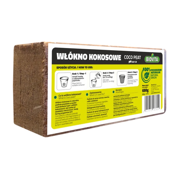 Fibra De Nuca De Cocos, Biovita, Pentru Plante, 650G, Capacitate 8-9 L, Imbunatatitor De Sol, 100% Natural, Pentru Cultivarea Legumelor Si Plantelor Ornamentale, Biodegradabil, Solid