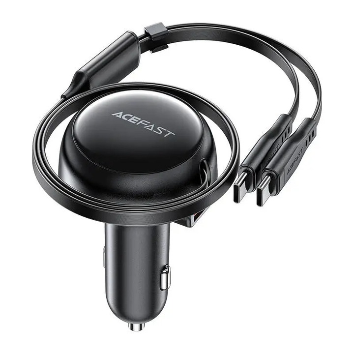 Incarcator pentru Masina USB, 2x Type-C, 53W, 70 + 15cm, Cablu Retractabil - Acefast (B13) - Black