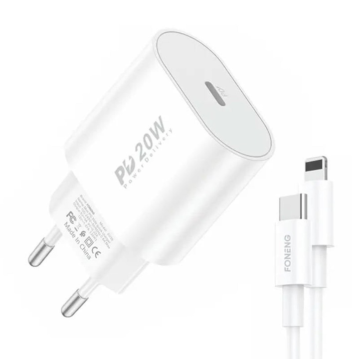 Foneng EU39 gyors töltő, 1x USB-C, 20W, fehér, USB-C - Lightning kábel mellékelve