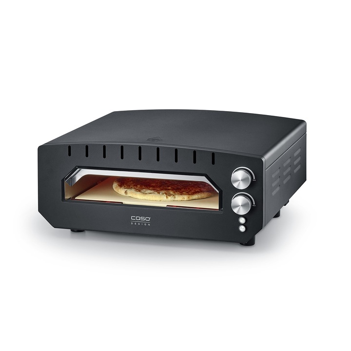 Cuptor pentru pizza Caso Germany, PizzaChef, pizza gata in doar 2 minute, ideal interior/exterior, piatra cordierit 33x33 cm, temperatura maxima 400°C, functie pre-incalzire, material otel, 2000 W, accesorii incluse, negru