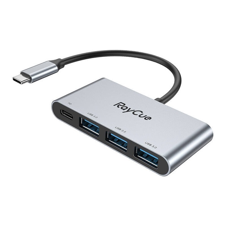 4в1 хъб, RayCue, USB-C към 3 x USB-A 3.0. 5Gbps, PD 3.0 100W, 75,5 x 37 x 13,3 mm, сив