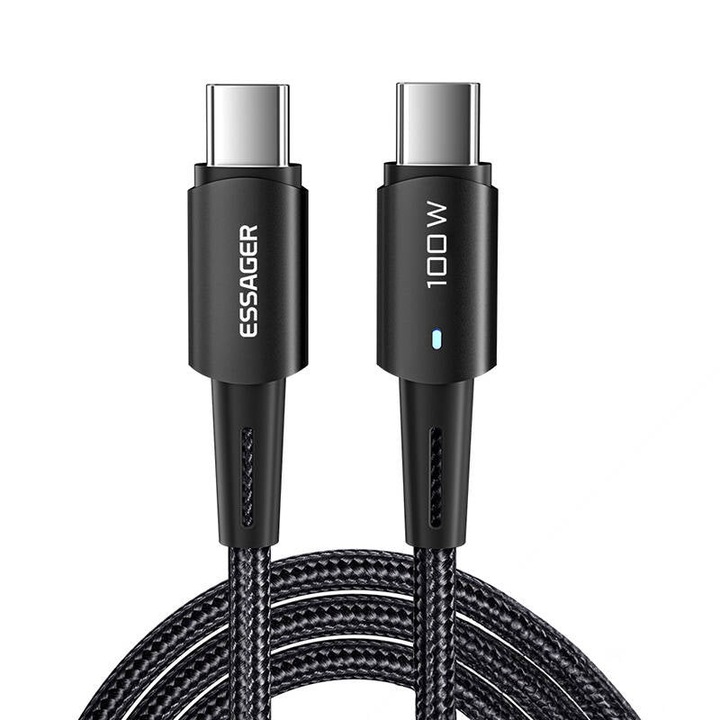 Adatkábel, Essager, USB-C-USB-C, alumíniumötvözet, 480 Mbps, 100 W, 1 m, fekete