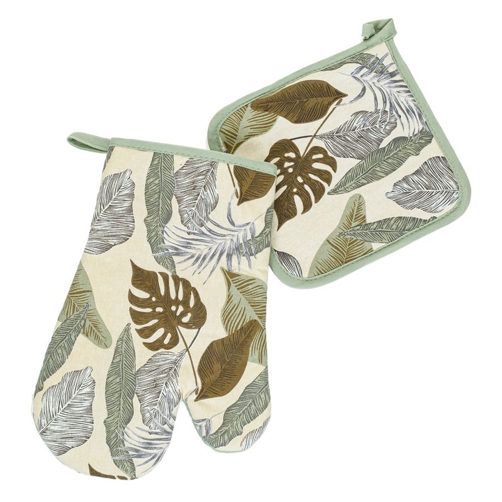 Antbro® konyhai kesztyű és törlőkendő szett, bézs-zöld, trópusi levélmintás