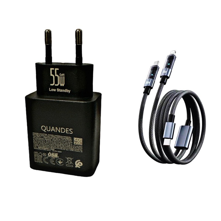 Set Incarcator super Fast Charge 55W GaN, PD usb C, pentru Samsung S24/s23 ultra, iphone 14, 13, 12, 11, Cablu de date 2in1 100w 1.2m USB-C - C 5A
