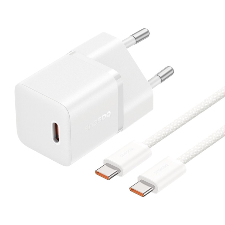 Baseus - GaN5 Mini hálózati gyorstöltő 20W, USB Type-C, fehér + 100W USB Type-C, 1m kábel - P10110900213-01