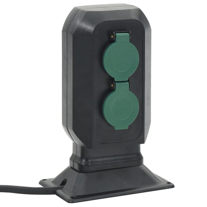 Външен контакт vidaXL с 2 гнезда и кабел, IP44, 15,5x11x24 см, черен/зелен, комплект с колче и винтове