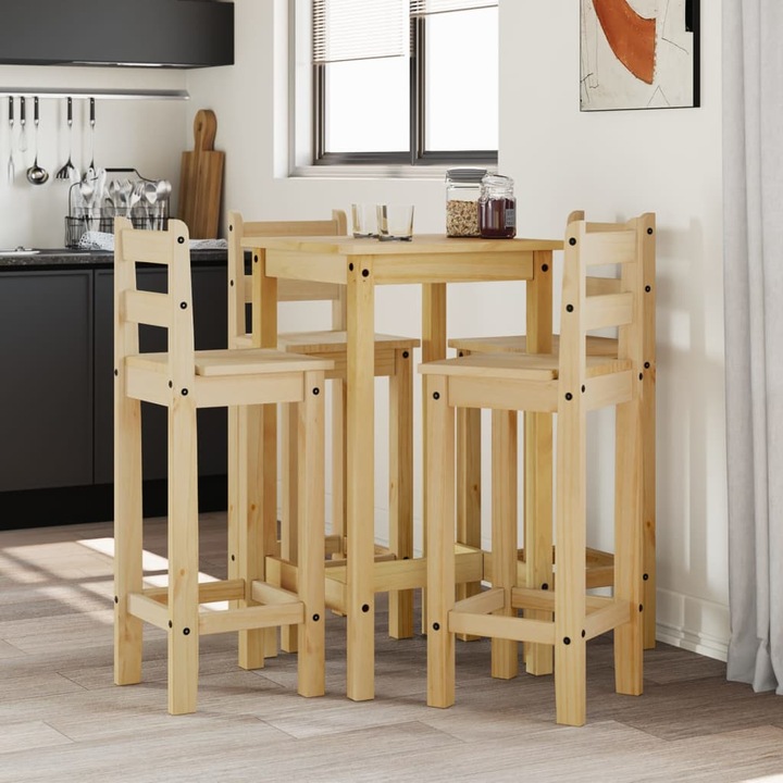 Set mobilier bar vidaXL, lemn masiv, 1 masa 57x57x101cm, 4 scaune 37x38.5x107cm, maro