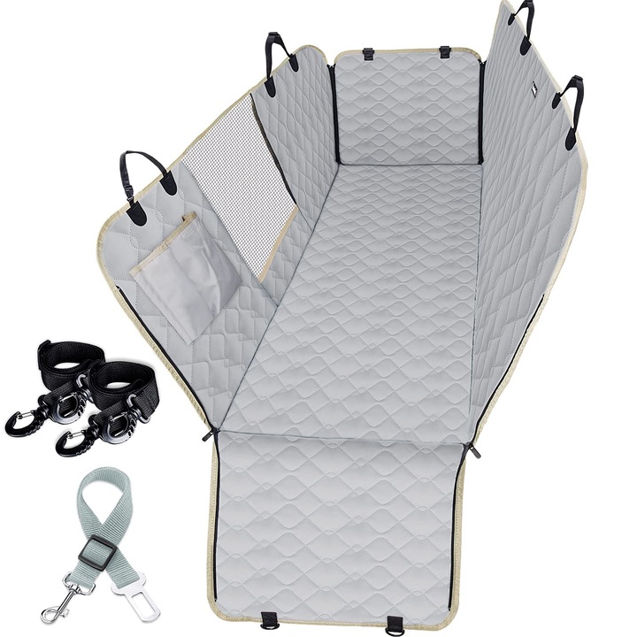 Husa scaun auto pentru caini, impermeabila, antialunecare, cu fereastra plasa, universala, gri