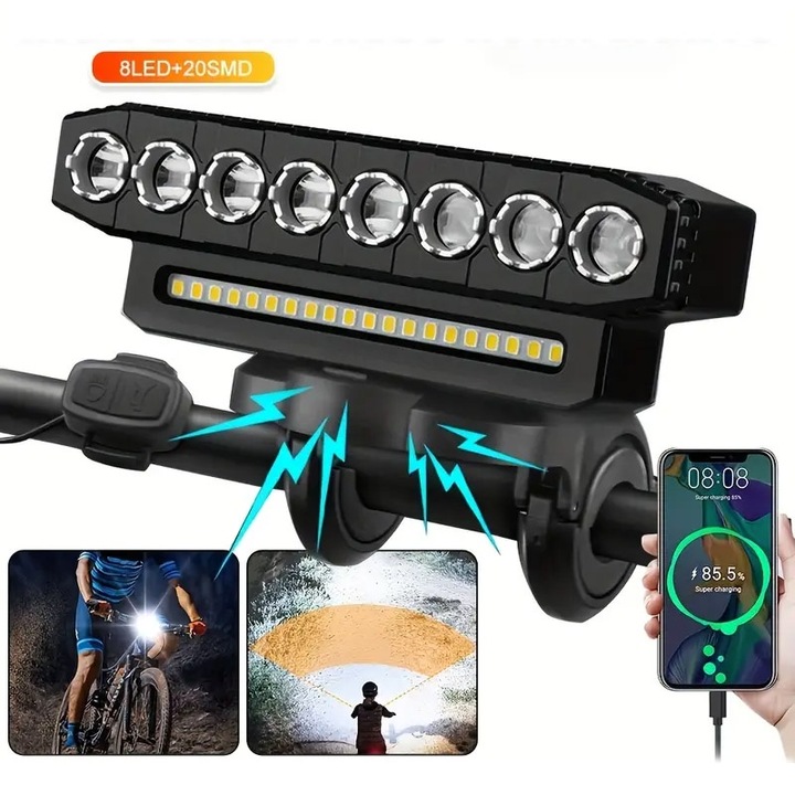 Far Bicicleta LED, Reincarcabil USB, Power Bank 4000 mAh, 900 Lumeni, IPX44, 6 Moduri, cu difuzor de 130 decibeli, 8 LED si 20 SMD, OUYLAF, Negru
