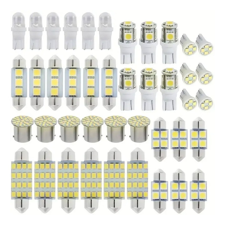Set 42 becuri LED auto, Lumina alb 6000K, Disiparea caldurii, Pentru plafoniera, de frana, de placuta de inmatriculare, model diferit, OUYLAF