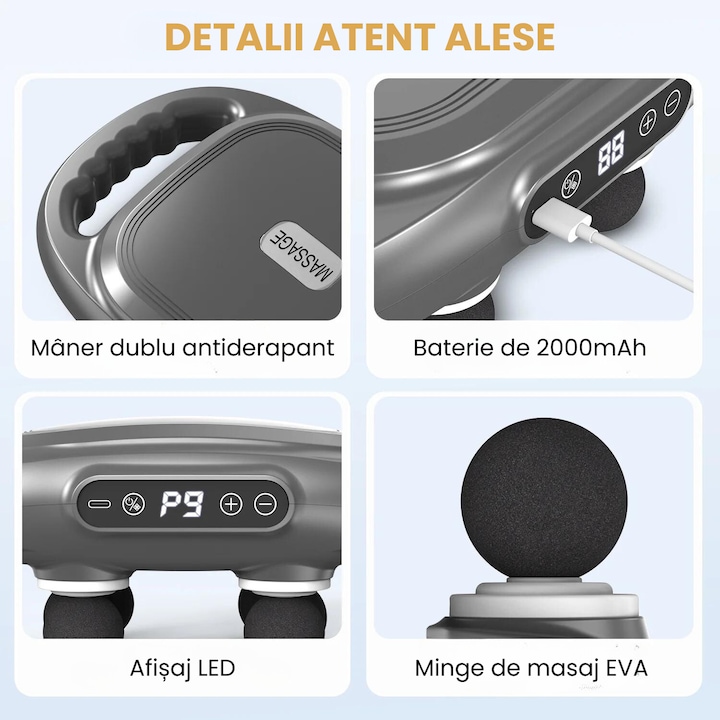 Pistol de masaj cu afișaj digital, prezentând diferitele moduri de funcționare.