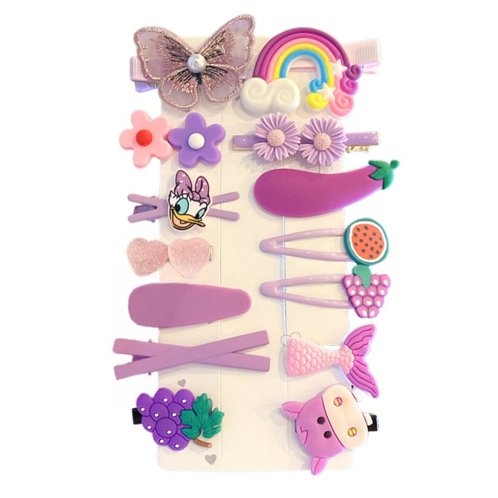 14 db AnaCool hajcsat készlet gyerekeknek, klipek különböző modellekben és színekben, hajcsat lányoknak, szilikon/gyanta, többszínű, lila pillangó
