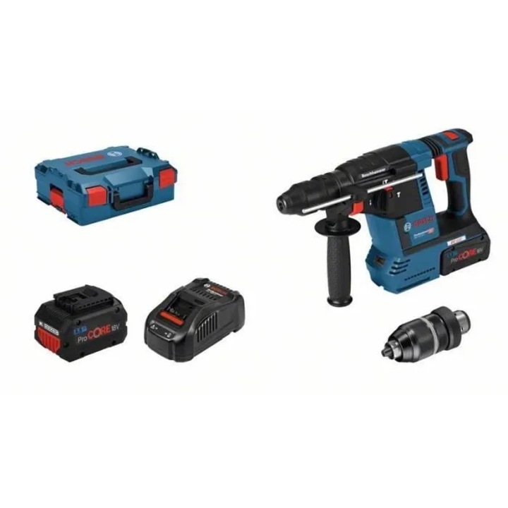 Ciocan rotopercutor SDS Plus BOSCH Professional GBH 18V 26F, 980 rpm, 2 Baterii ProCore 5.5Ah, Incarcator, L-Boxx, EPC, Albastru