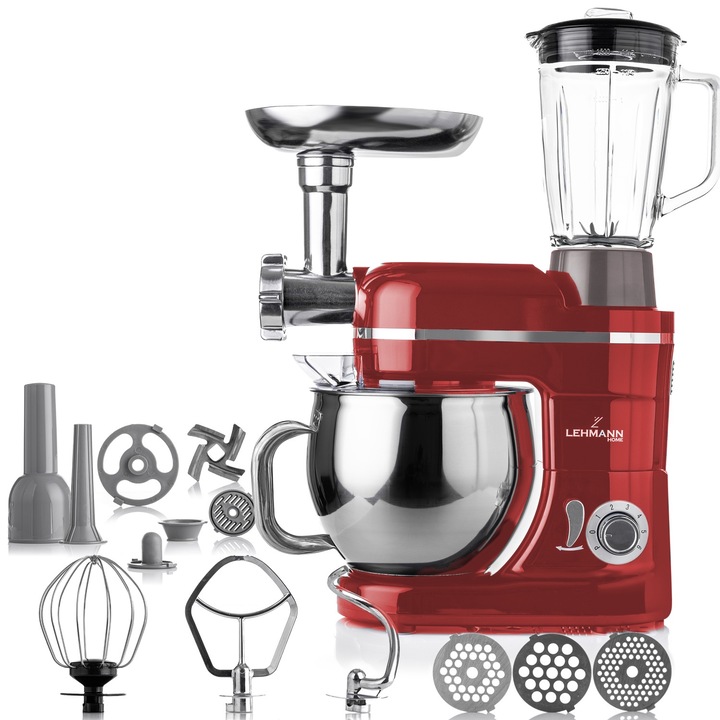 Lehmann Mastic konyhai robotgép, húsdaráló, turmixgép, 3 az 1-ben, 1300 W, 6 sebesség, 5 literes tál, 550x415x215, 7 kg, piros