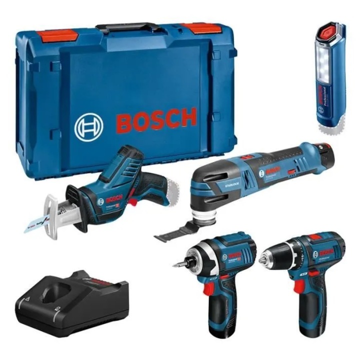 Set BOSCH Professional, 5 unelte, GSR 12V15, GOP 12V28, GDR 12V105, GSA 12V14, GLI 12V300, Baterii 3 x 2.0 Ah, Incarcator, XLBoxx, Albastru