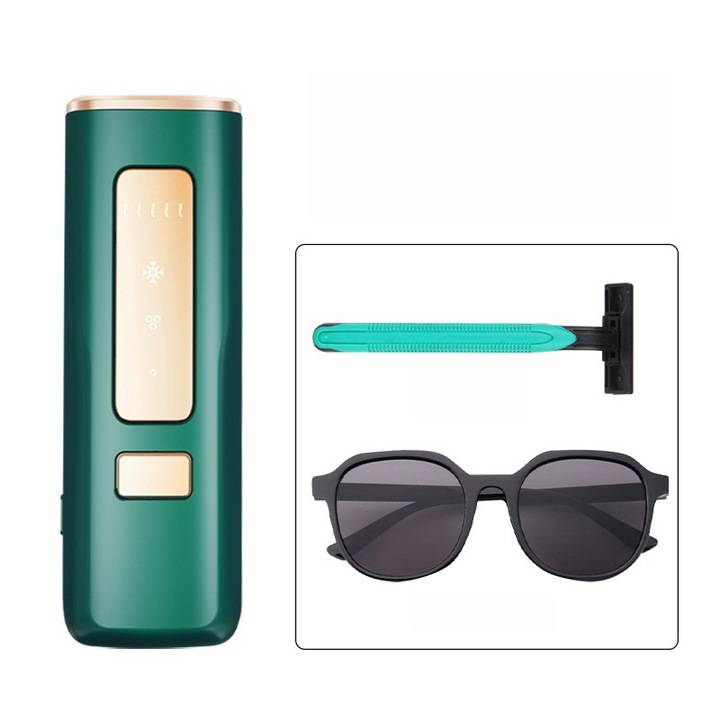 Epilator laser fara durere cu functie de racire, verde, 21.2x16.6x6cm, set cu ochelari si lama de ras