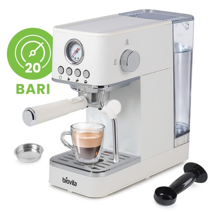Espressor, Biovita ROYAL, 1200W, 1.7L, 20 Bari, Carcasa Inox, Spumare, Alb Ivory