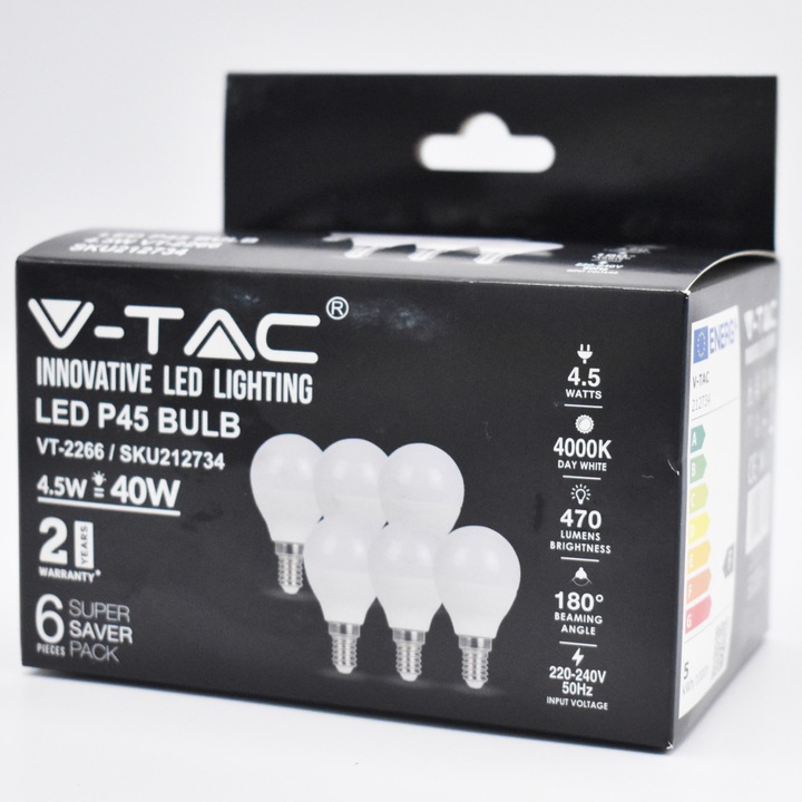 Set 6 becuri LED 4.5W (40W) V-TAC, E14, P45, 4000K, lumina neutra, 470 lm, clasa energetica F