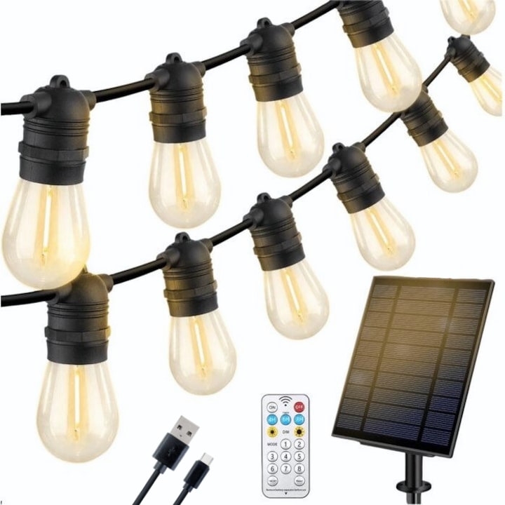 Ghirlanda Luminoasa cu Panou Solar si USB, 10 metri, Becuri LED, Telecomanda, 10 becuri la 10cm, Lumina Clada, IP65