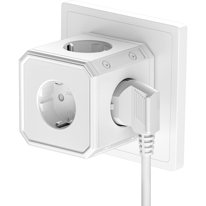 Удължител с 5 гнезда, max 16A, 4000W, 8 см, бял
