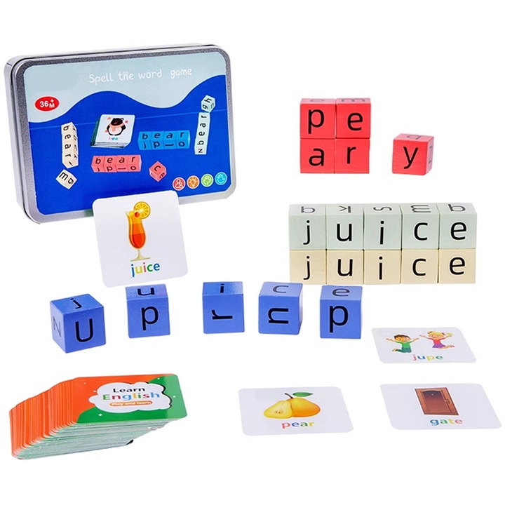 Montessori Joc Educational cu Alfabet din Lemn pentru Copii, Set cu 20 Blocuri Colorate, 54 Carduri cu Cuvinte, Cutie de Fier, Dezvolta Memoria si Coordonatia Mana-Ochi，12.4cm