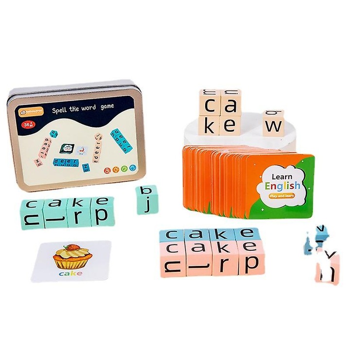 Montessori Joc Educational cu Alfabet din Lemn pentru Copii, Set cu 20 Blocuri Colorate, 54 Carduri cu Cuvinte, Cutie de Fier, Dezvolta Memoria si Coordonatia Mana-Ochi，15cm