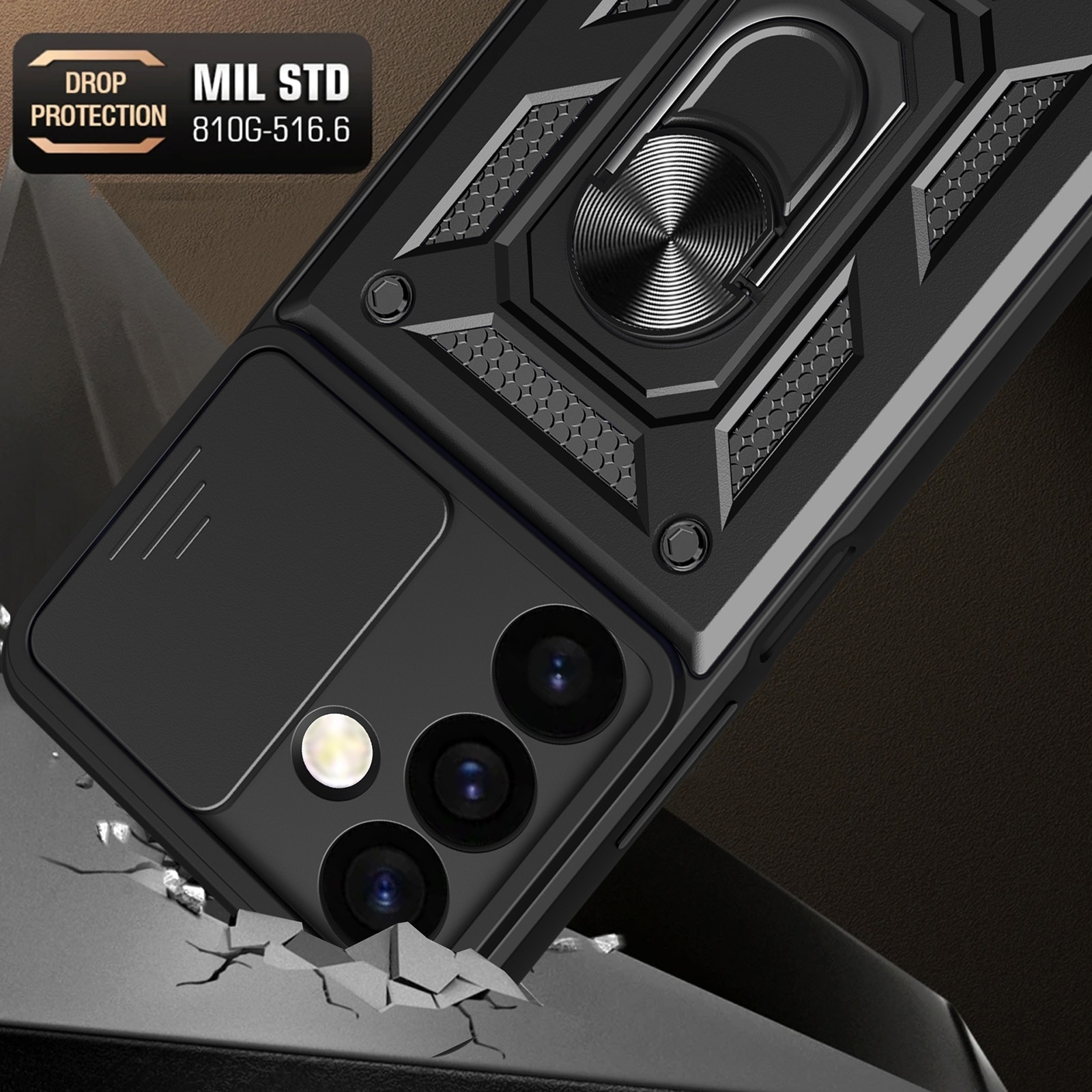 Husa Defender Slide pentru Samsung Galaxy S26 Ultra, Protectie Camere, Suport Inel, Prindere Magnetica, Negru